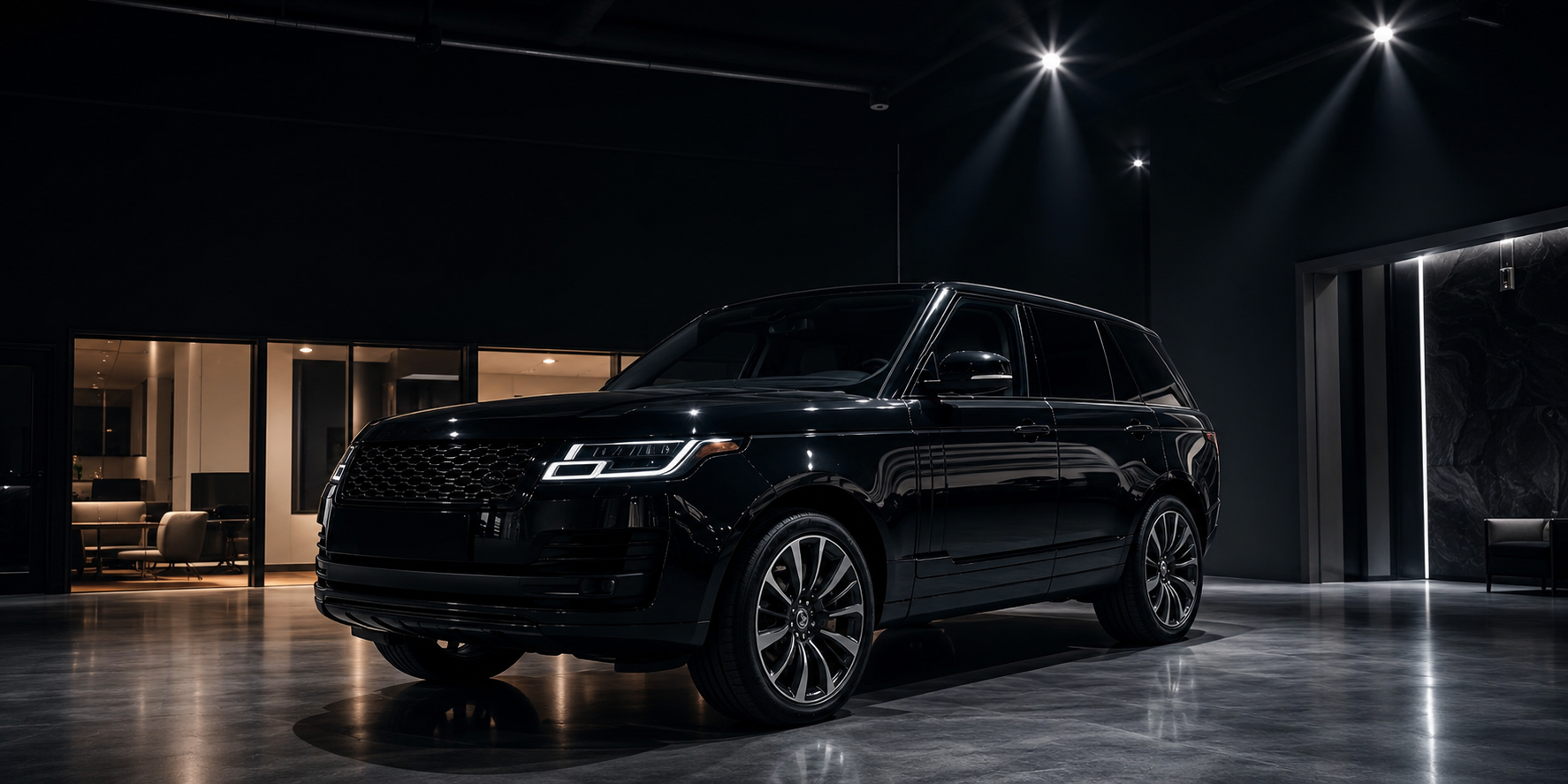 Premium dark showroom with a black SUV