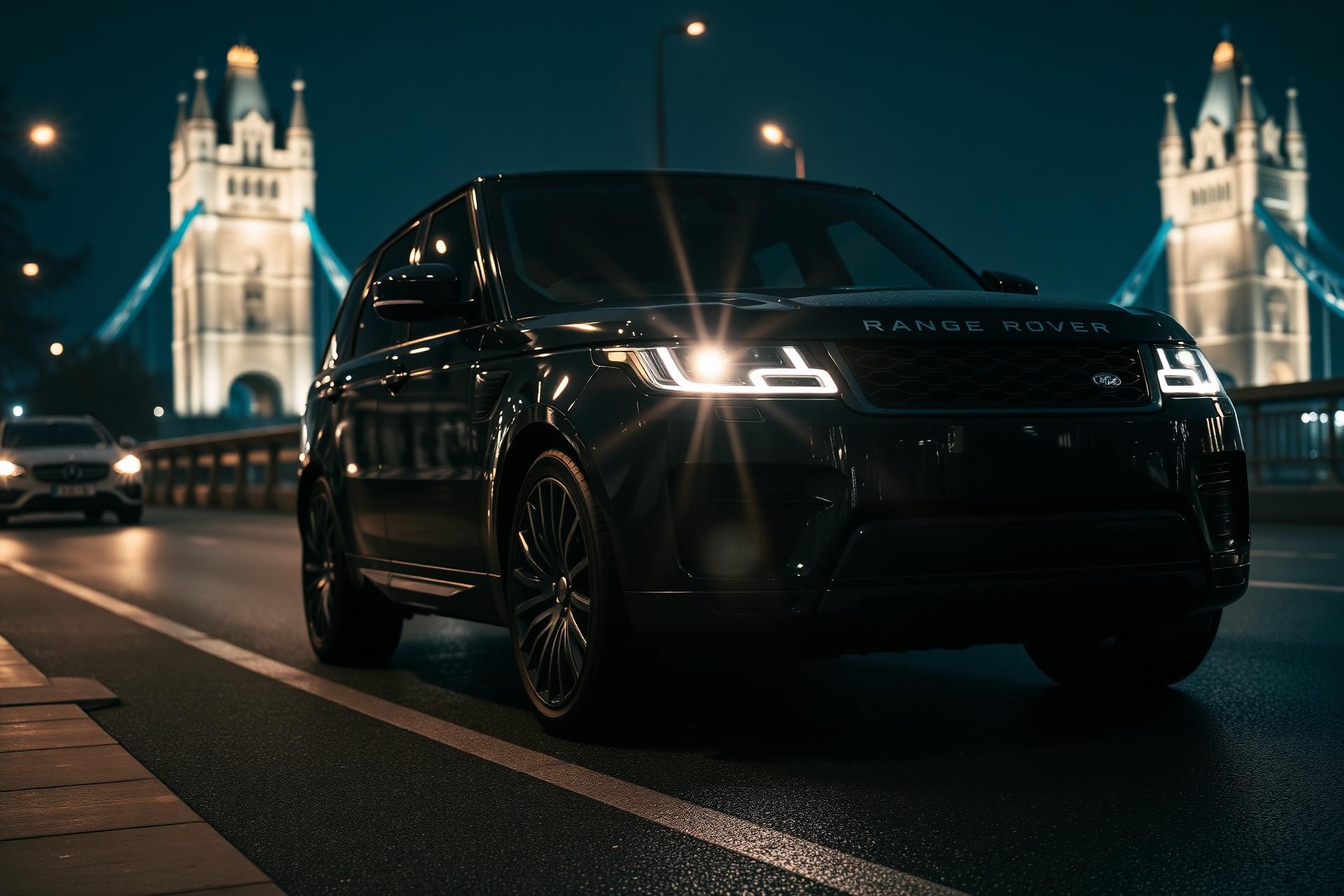 Black luxury Range Rover on a London street at night